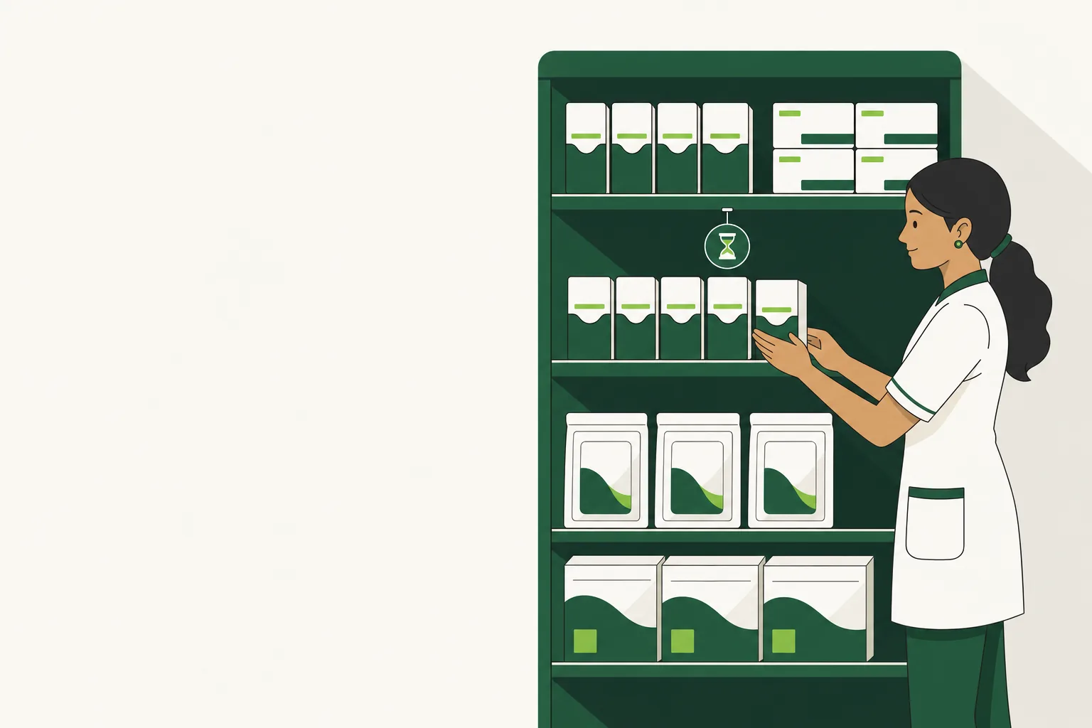 Pharmacy DME supply wall with dated sterile packs