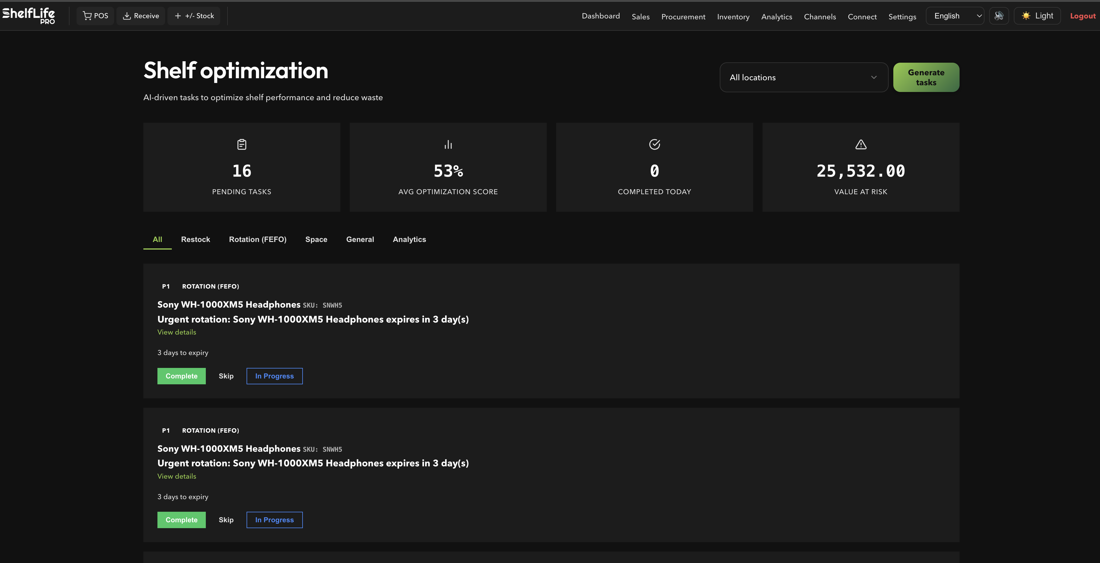 Shelf optimization — AI-driven tasks with optimization scores and value-at-risk tracking