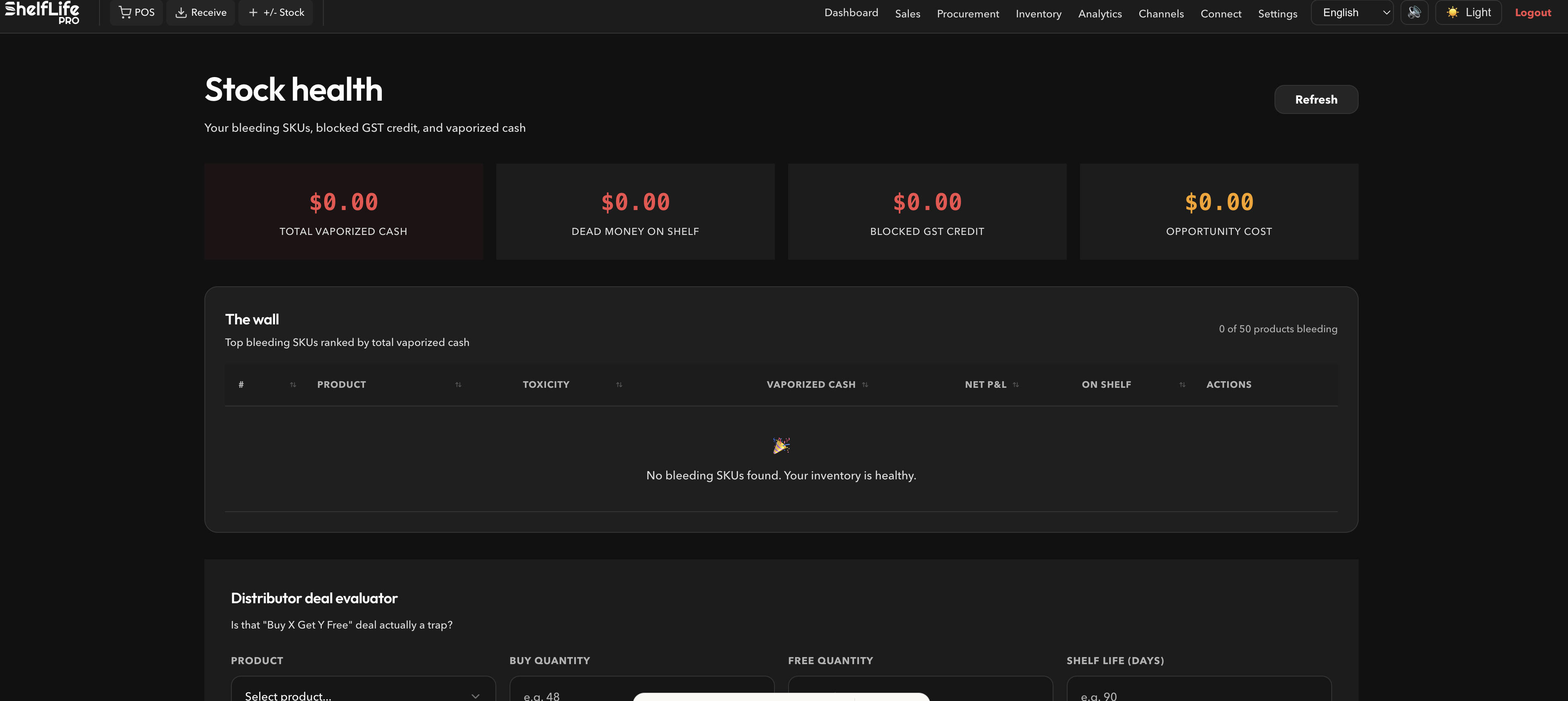 Stock health analytics — bleeding SKU wall, vaporized cash, and distributor deal evaluator