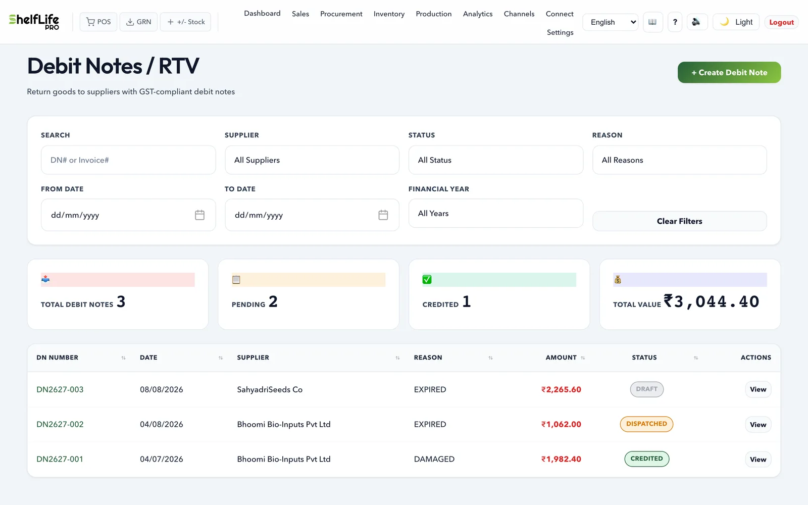 Debit notes / RTV module: GST-compliant debit notes for returns to suppliers, with pending, credited and total value tracked