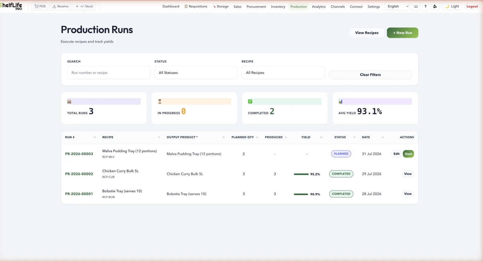 Production runs — recipes with bills of materials, planned and completed runs, and yield percentages per batch