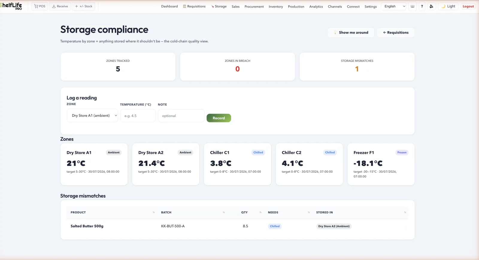 Storage compliance — chiller, freezer and dry-store zones with live temperatures, target bands, and stock flagged in the wrong zone