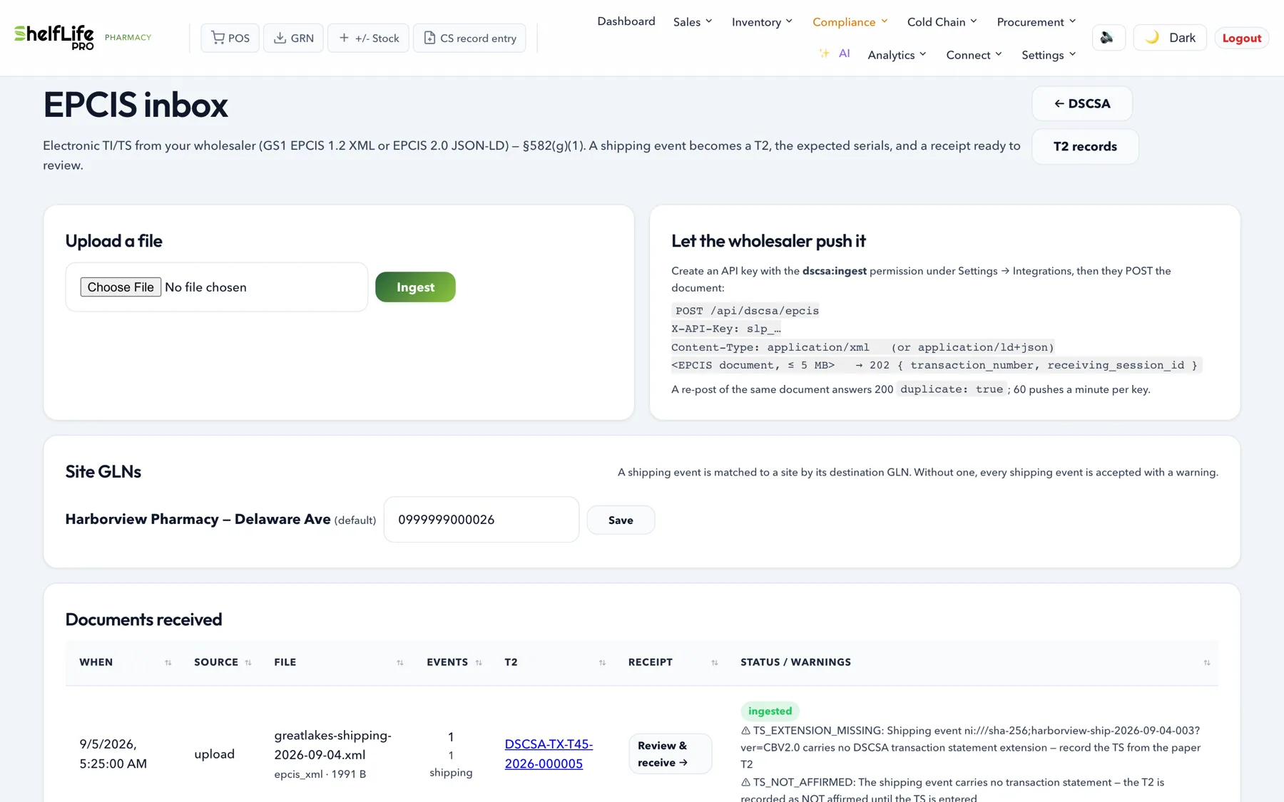 The EPCIS inbox: upload a file or let the wholesaler push to an API key; site GLN; documents received with events, the T2 they became, and warnings