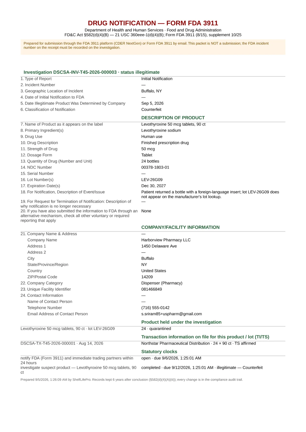 First page of the Form FDA 3911 packet PDF: 24 numbered items with the form’s own labels, marked prepared for submission, not a submission