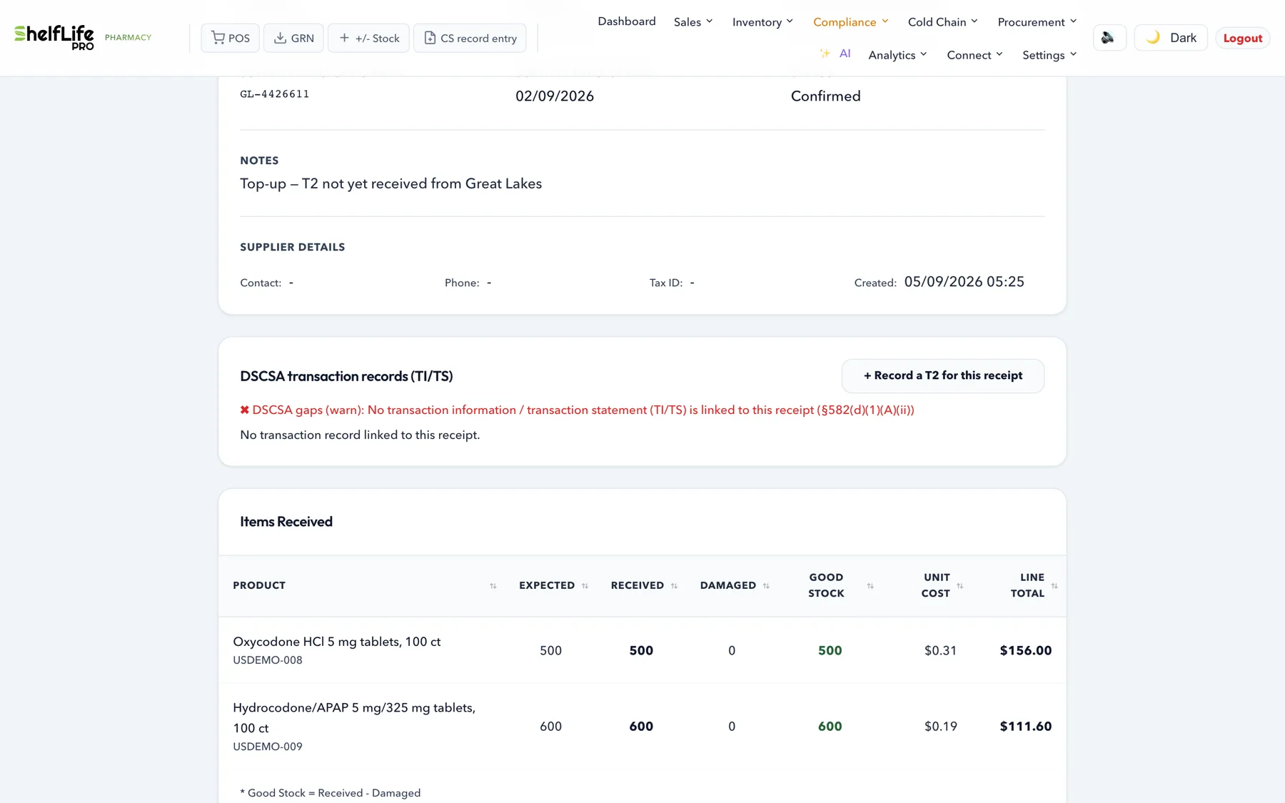 A confirmed receipt whose DSCSA panel shows the warn-mode gap: no transaction information or statement linked to this receipt