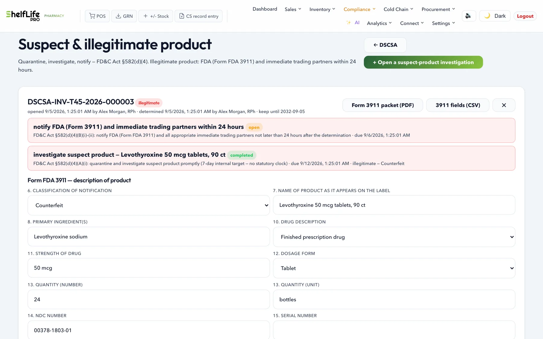 An illegitimate-product investigation card with the 24-hour FDA and trading-partner notice clock open and the Form FDA 3911 fields filled