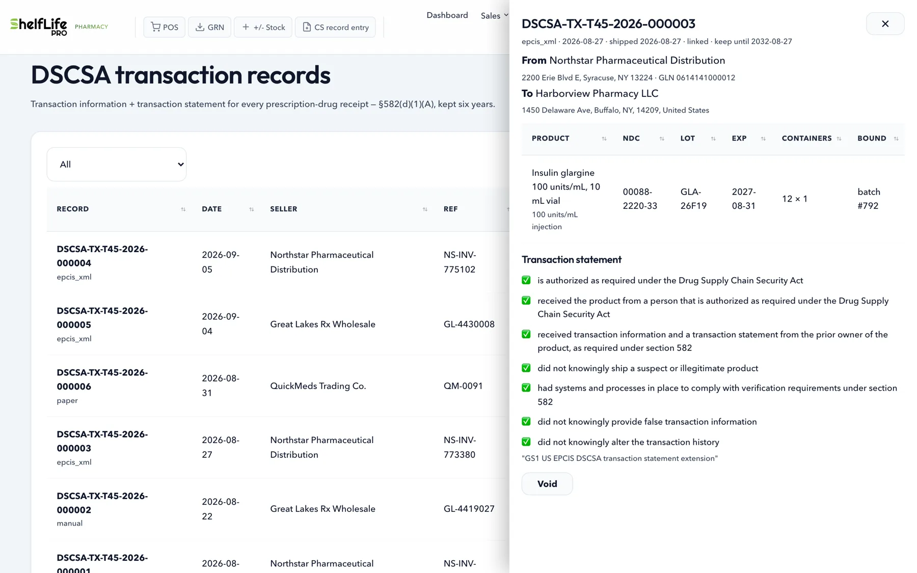 A transaction record from an EPCIS shipping event: seller and buyer with GLNs, the product line with NDC, lot, expiry and containers, and the seven transaction-statement affirmations ticked