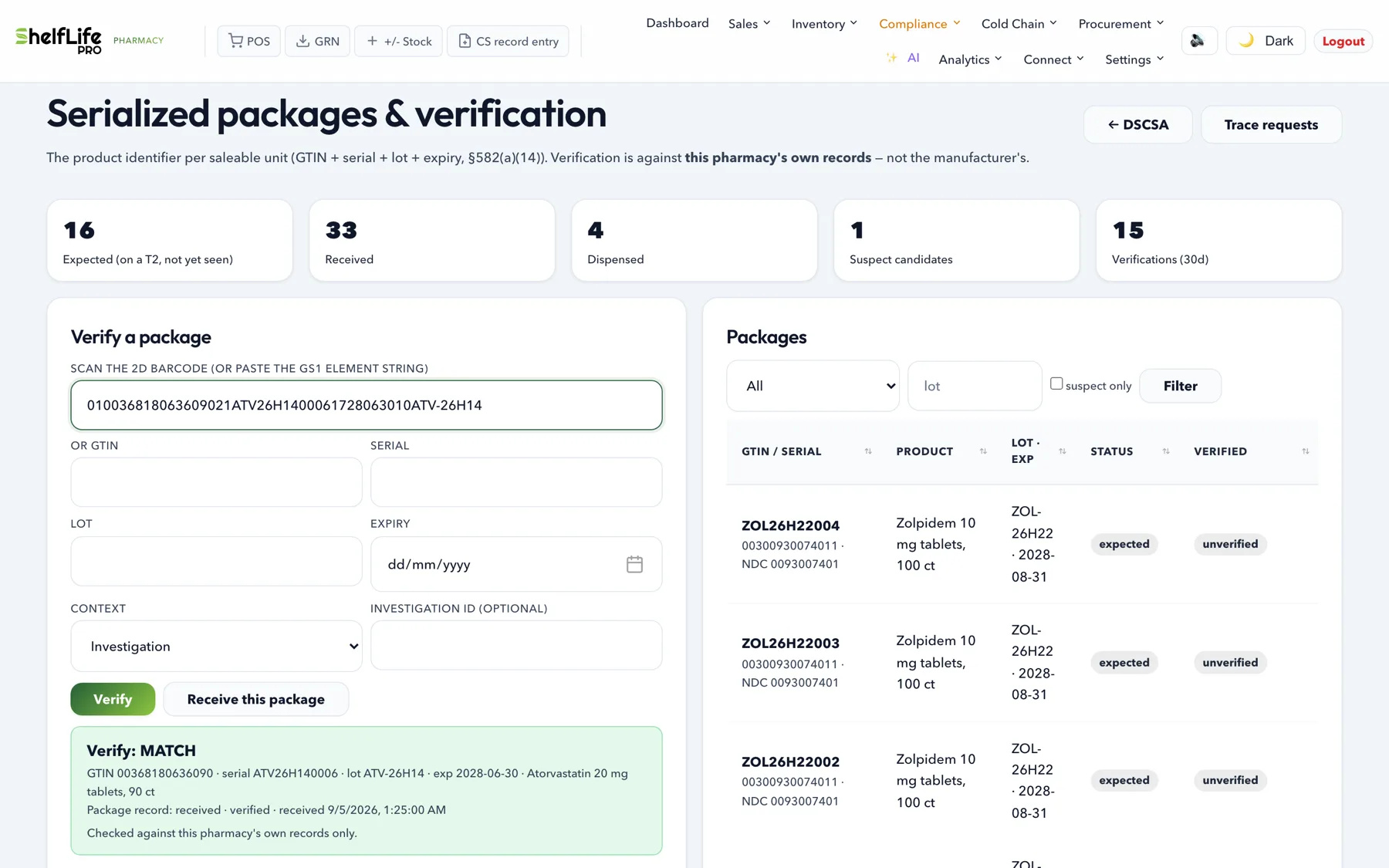 Serialized package verification: a DataMatrix scan matching a package received on a T2, checked against the pharmacy’s own records