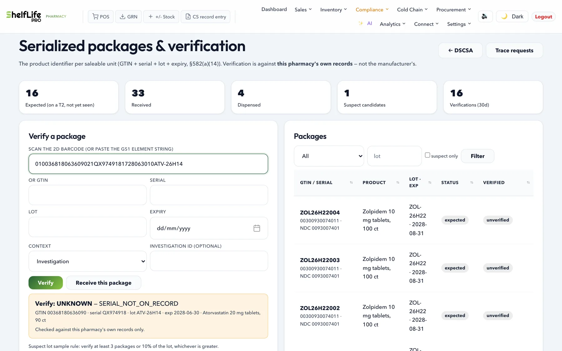 Serialized package verification returning UNKNOWN for a serial never received by this pharmacy